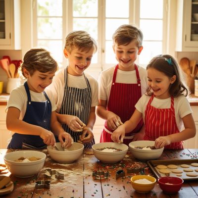 2 euorpean boys and 2 girls baking cookies together in a kitchen