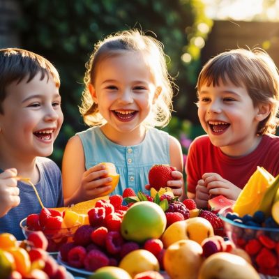 3 children eating fruit